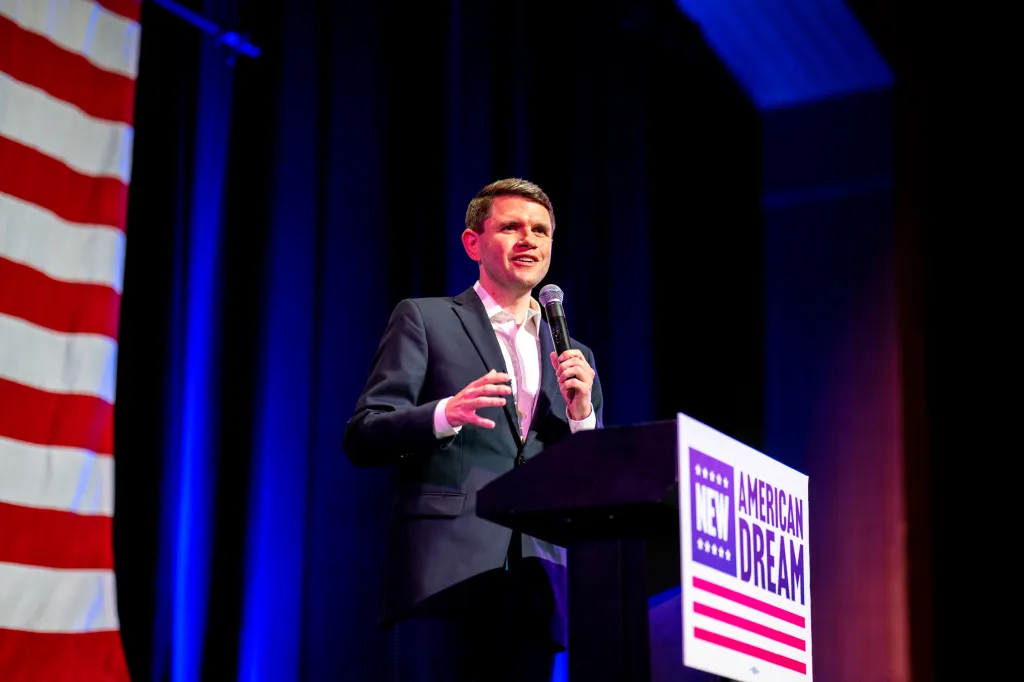 James Talarico speaking at a campaign rally in Kerrville, Texas.