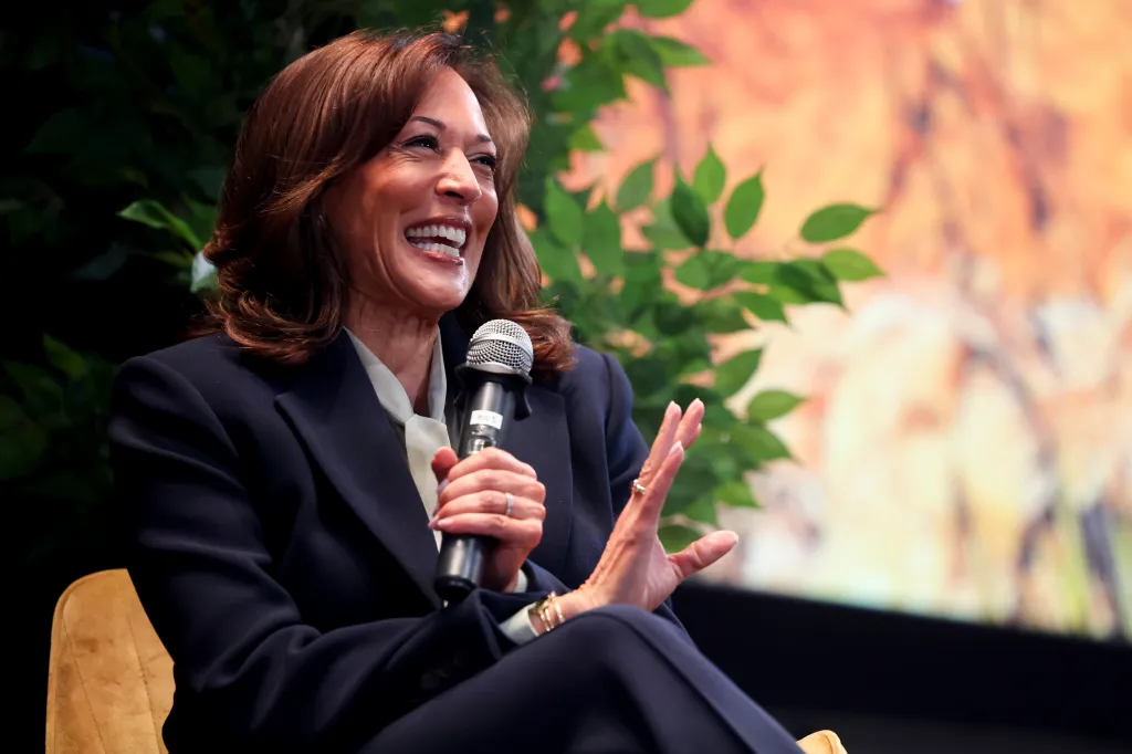 Former Vice President Kamala Harris speaks during a fireside chat in Las Vegas.