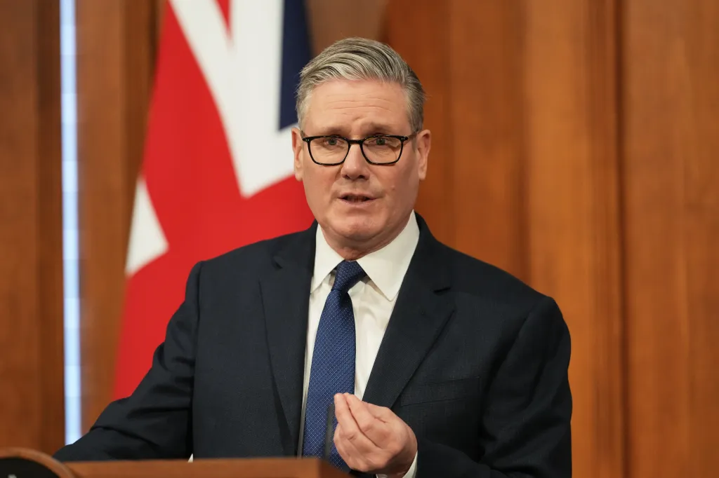 Britain's Prime Minister Keir Starmer speaks during a press conference at Downing Street.