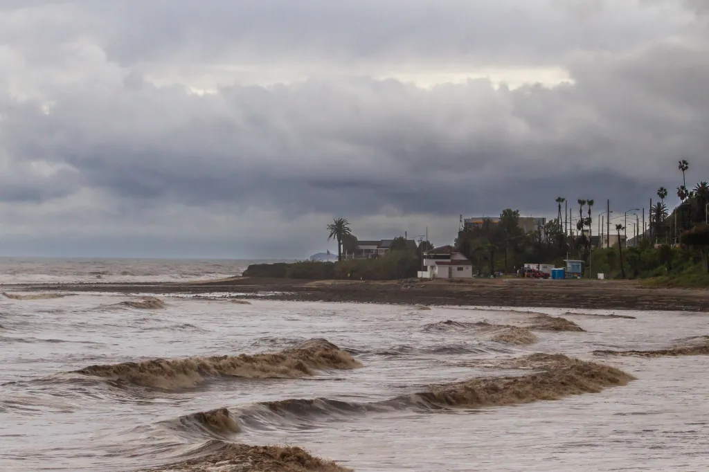 Mud waves at Will Rogers State Beach during heavy rain in Los Angeles.