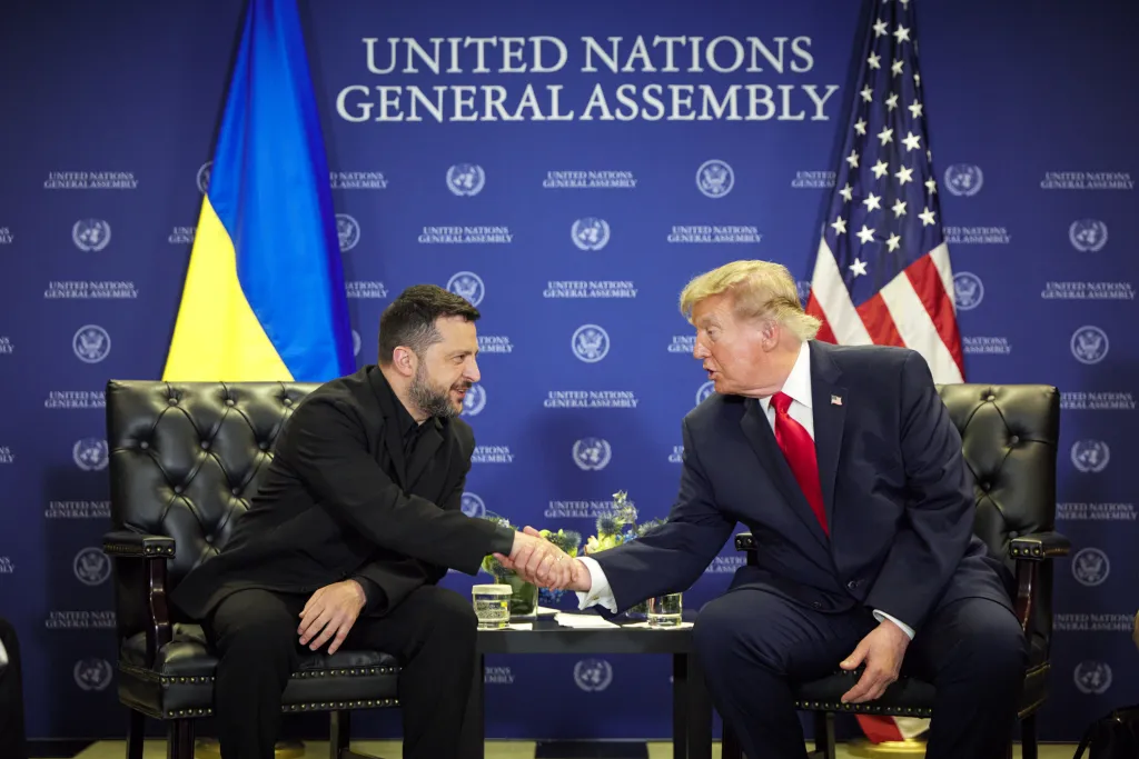 President Volodymyr Zelensky and Donald Trump shake hands at the UN General Assembly.