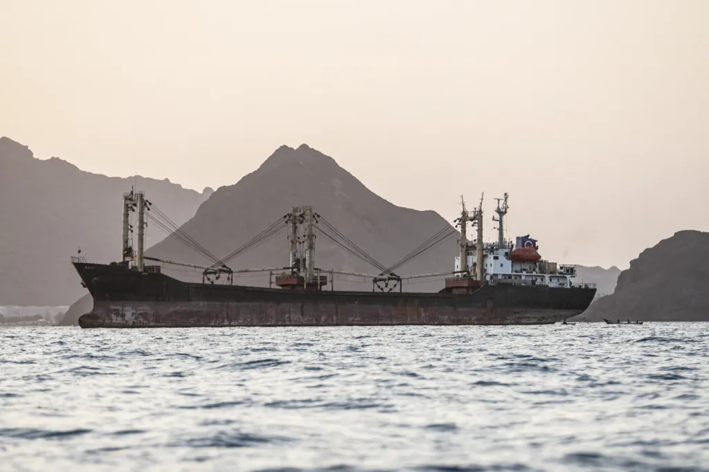 A commercial vessel anchored off Yemen's coast in the Bab al-Mandeb strait.