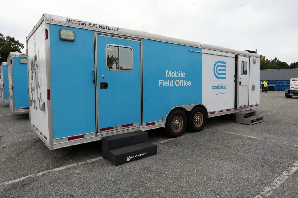 Con Edison prepares a utility crew staging area at the Playland parking lot in Rye, NY ahead of the nor'easter storm.