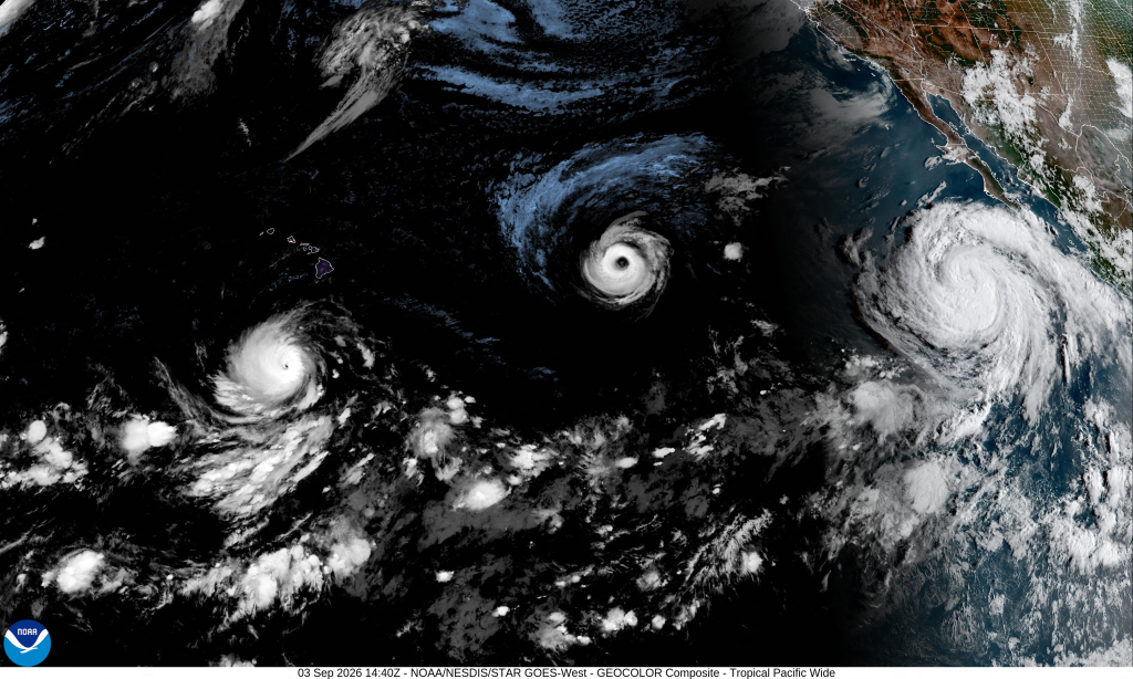 Satellite image showing Hurricane Lowell (left), Hurricane Karina (center), and Hurricane Marie (right) over the Pacific Ocean.
