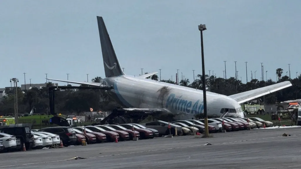 Amazon Prime Air cargo plane after overrunning a runway in Miami, Florida.