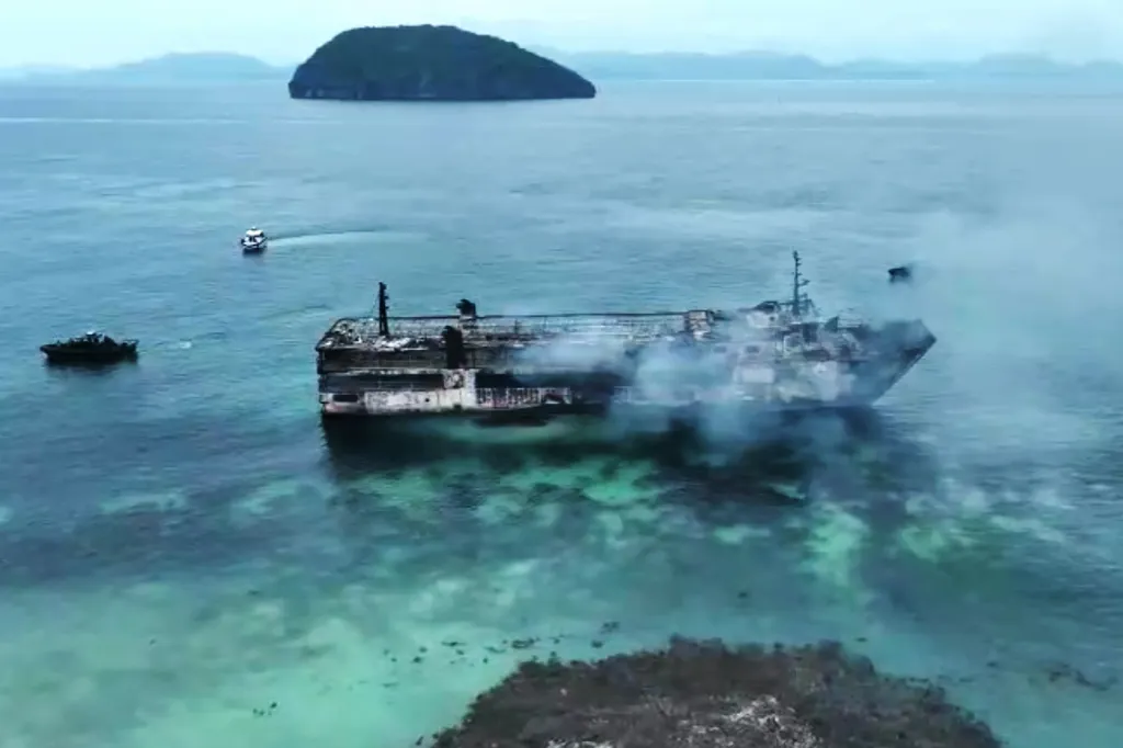 An aerial view shows the ruins of a ferry that caught fire off Palawan that killed at least five people.