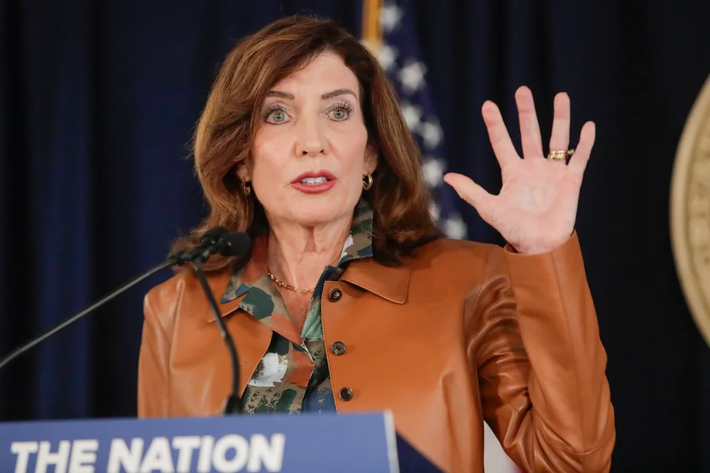 New York State Governor Kathy Hochul announces further steps with New York's AI safety law, the Responsible AI Safety and Education (RAISE) Act, during a press conference in New York City, on Sept. 21, 2026. 