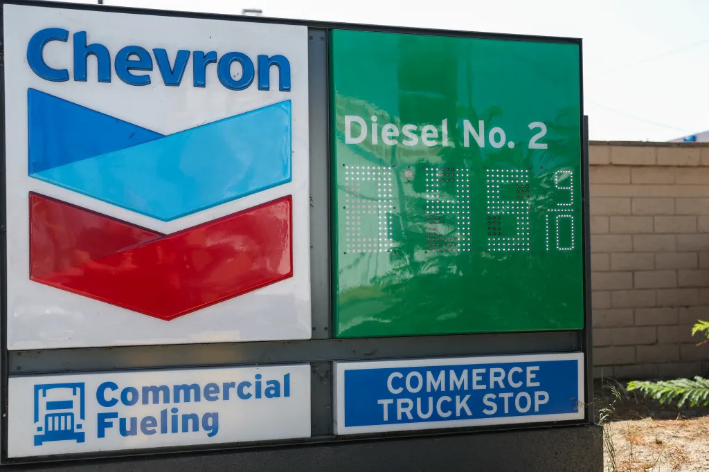 A Chevron sign showing diesel prices above $7 a gallon at a truck stop in Commerce, California.