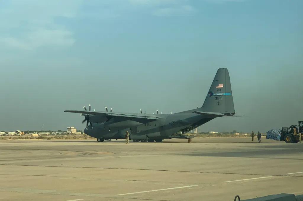 A US military transport aircraft stands at Camp Victory near Baghdad International Airport in Baghdad, Iraq, Sept. 29, 2026.