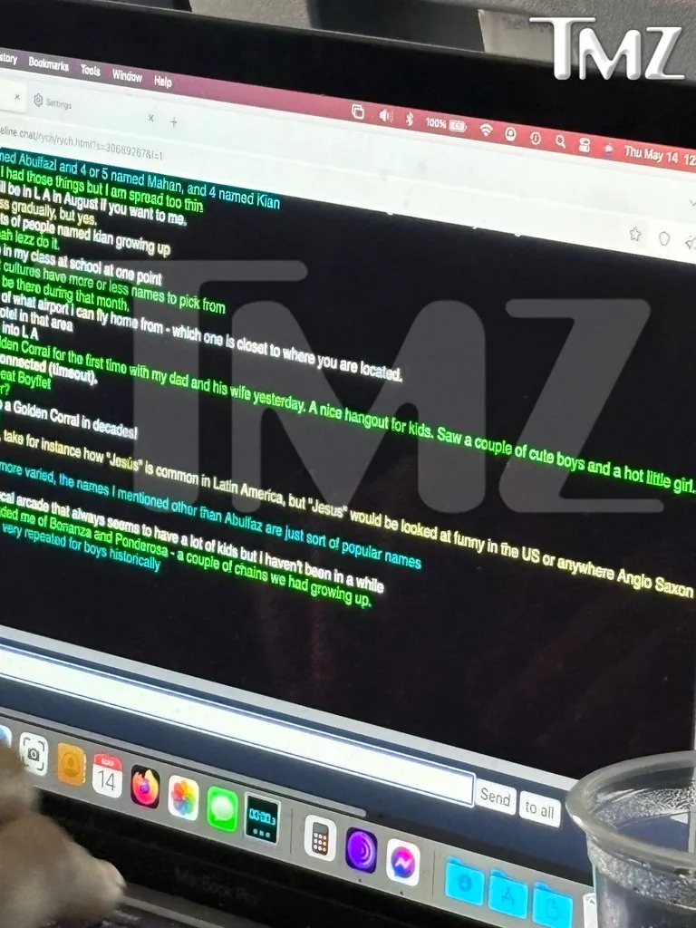 A laptop screen displays an online chat, with a partial TMZ logo overlay.