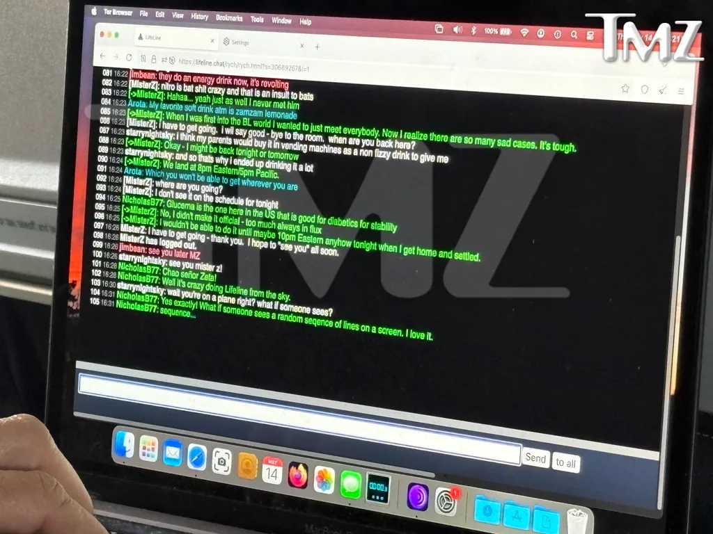 A laptop screen displaying a chat log from 