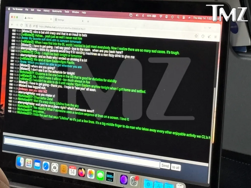 A laptop screen showing a chat conversation with a TMZ watermark.