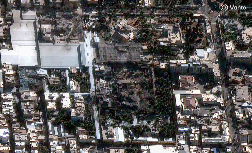 Satellite image of a destroyed residence complex belonging to Supreme Leader Ayatollah Ali Khamenei in Tehran, Iran.