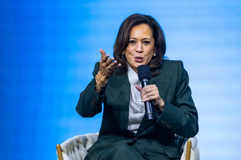 Kamala Harris speaking at the Austrian World Summit.