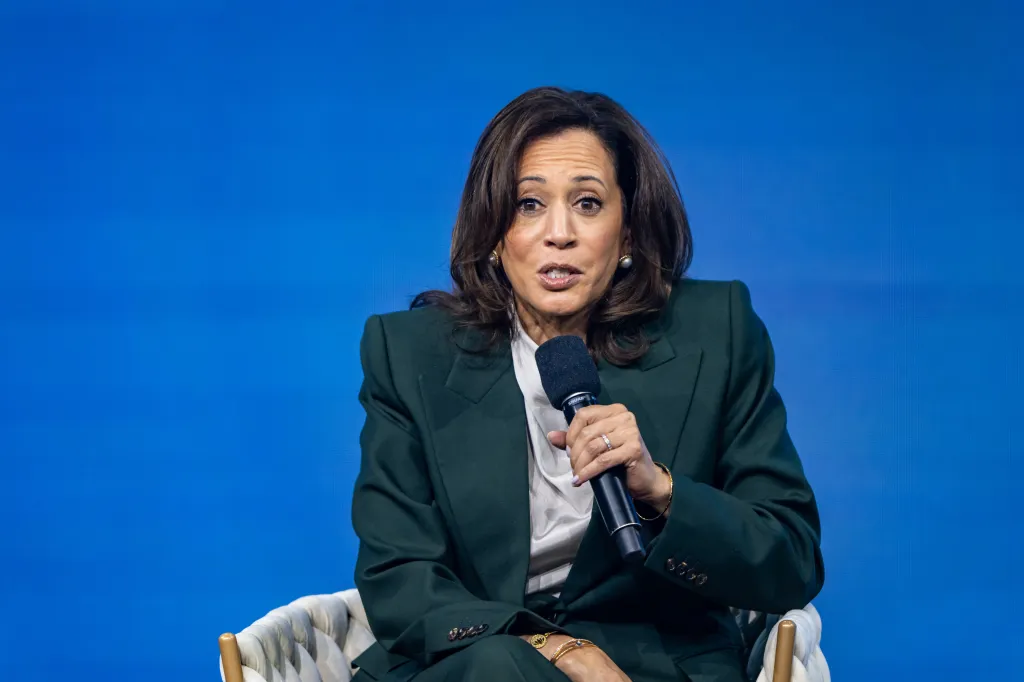 Former Vice President Kamala Harris speaks on stage at the Austrian World Summit.