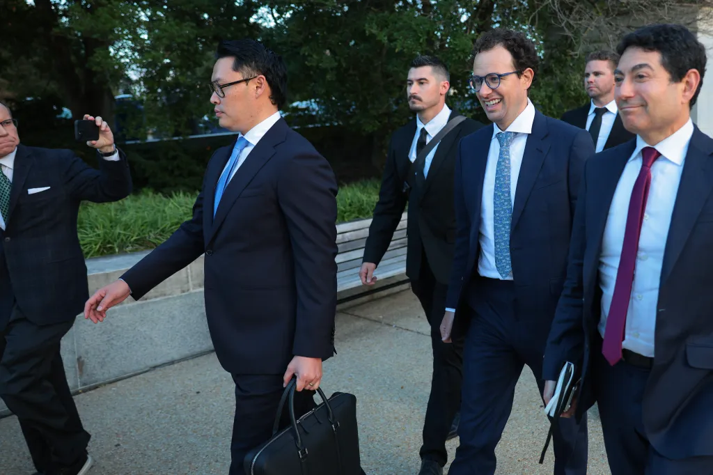 Anthropic CEO Dario Amodei, center, leaves the US Capitol surrounded by aides and security on Sept. 28, 2026, in Washington.