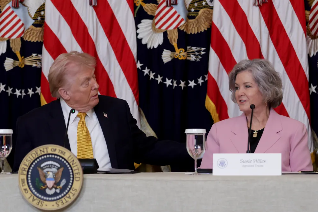 President Trump and Wiles during a lunch with the Trump Kennedy Center Board Members in the East Room of the White House in Washington on March 16, 2026. 