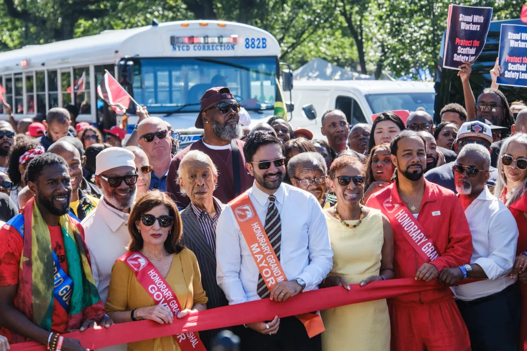 New York Gov. Kathy Hochul, Reverend Al Sharpton and New York City Mayor Zohran Mamdani attend the West Indian Day Parade along Eastern Parkway in Crown Heights, Brooklyn, on Monday, Sept. 7, 2026.