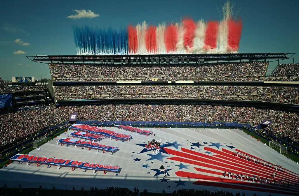 Fireworks explode as part of the US Independence Day celebration ahead of the 2026 World Cup round of 16 football match between Paraguay and France at the Philadelphia Stadium in Philadelphia on July 4, 2026.