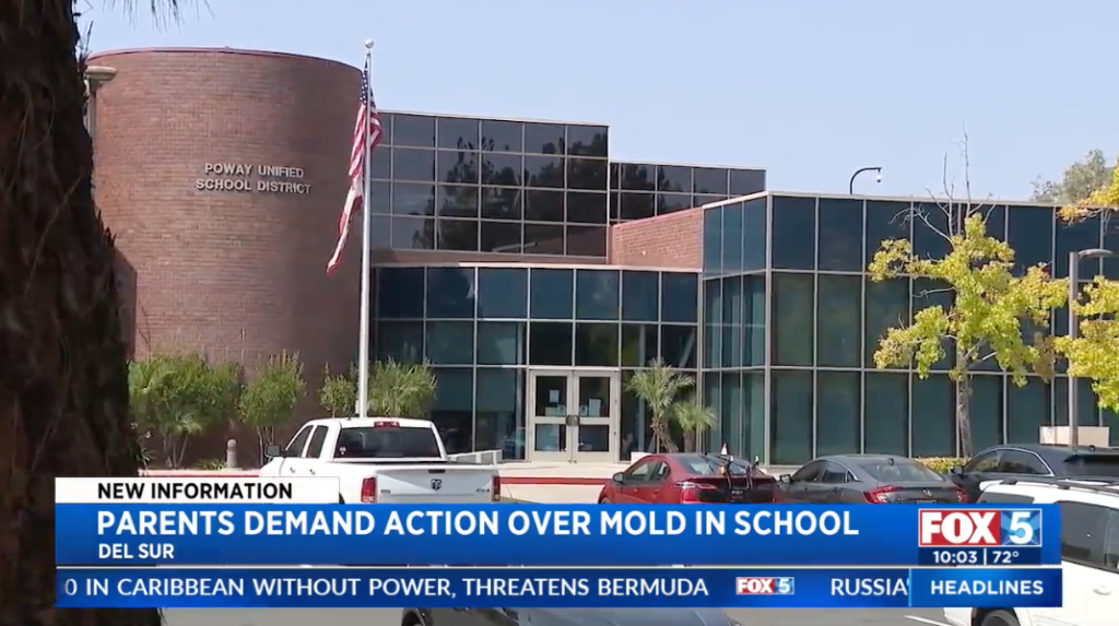 Poway Unified School District building entrance with a news overlay about mold concerns.