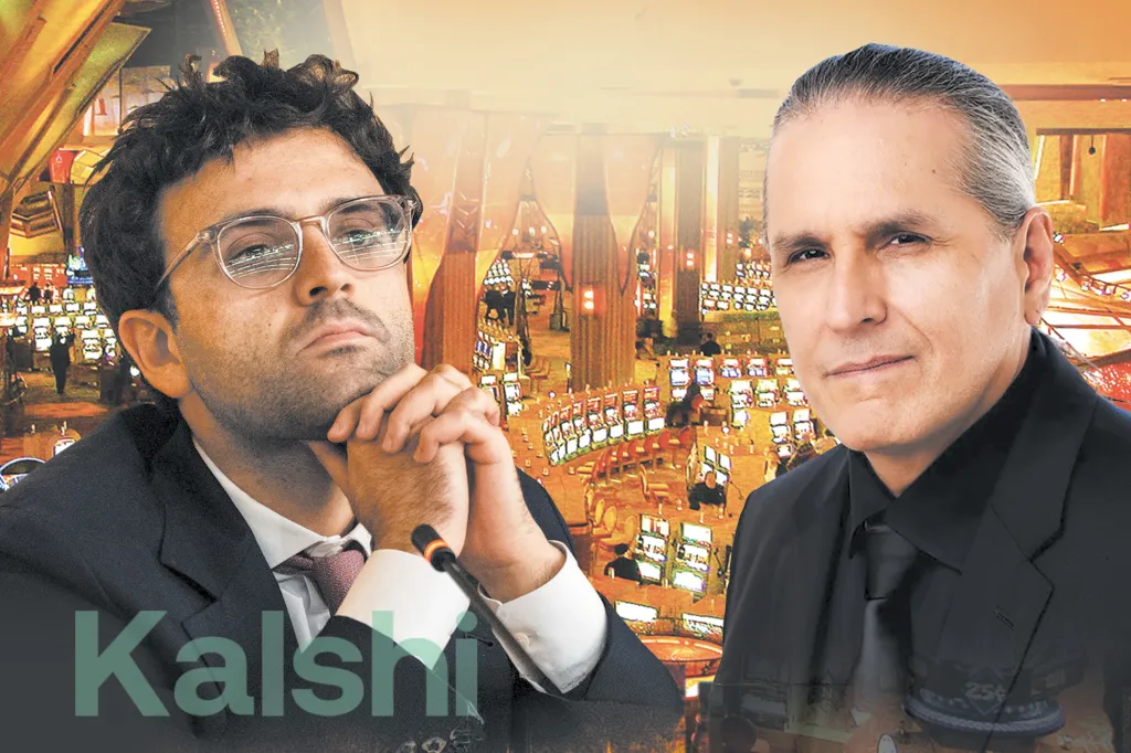 Collage of two men in suits, with a blurry background of a casino floor with slot machines and pillars.