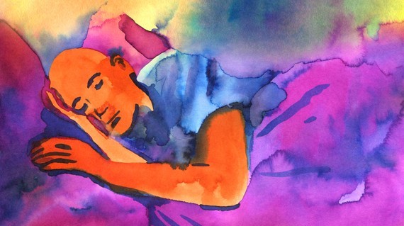 a watercolor-style painting of a man sleeping, in a blue shirt with a multicolored background
