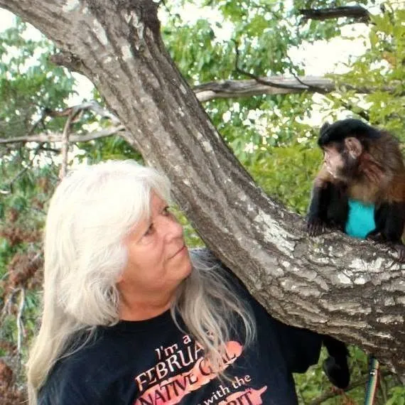 A woman with long white hair looks at a capuchin monkey wearing a blue shirt, perched on a tree branch.
