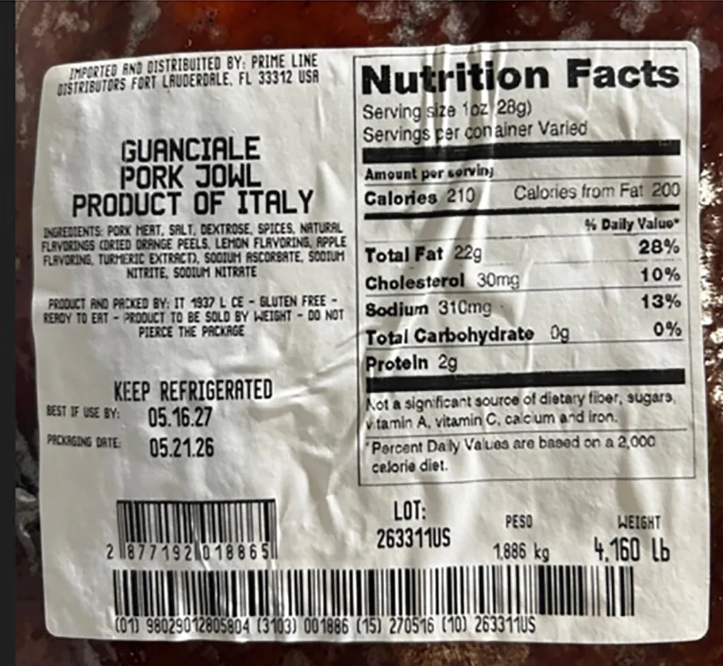 Label for Guanciale Pork Jowl from Italy, including ingredients, nutrition facts, and packaging dates.