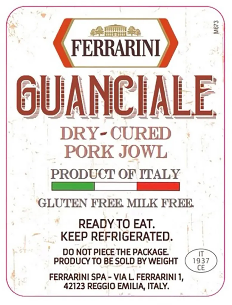 Ferrarini Guanciale (dry-cured pork jowl) product label from Italy.