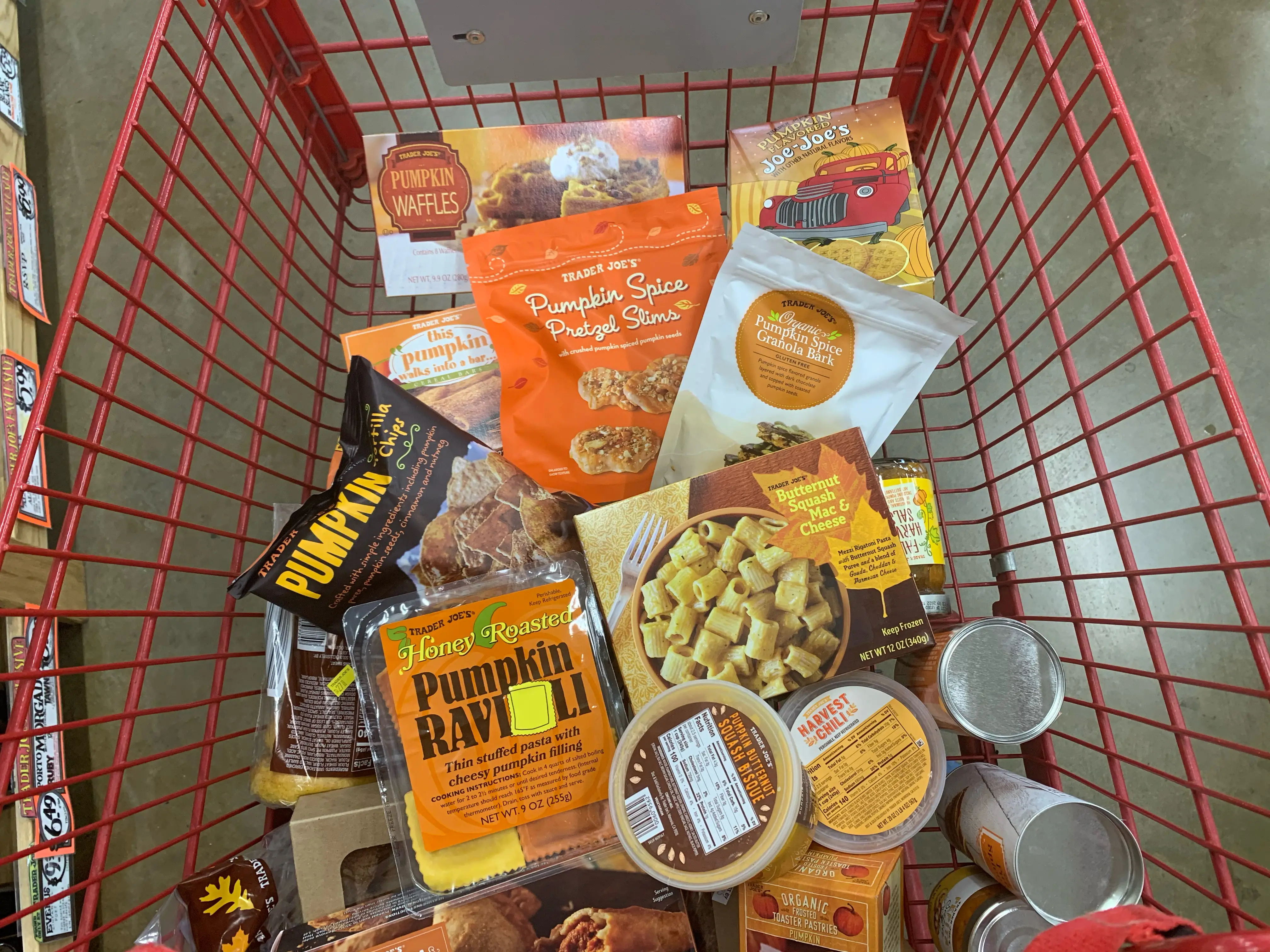 trader joes fall snacks in shopping cart