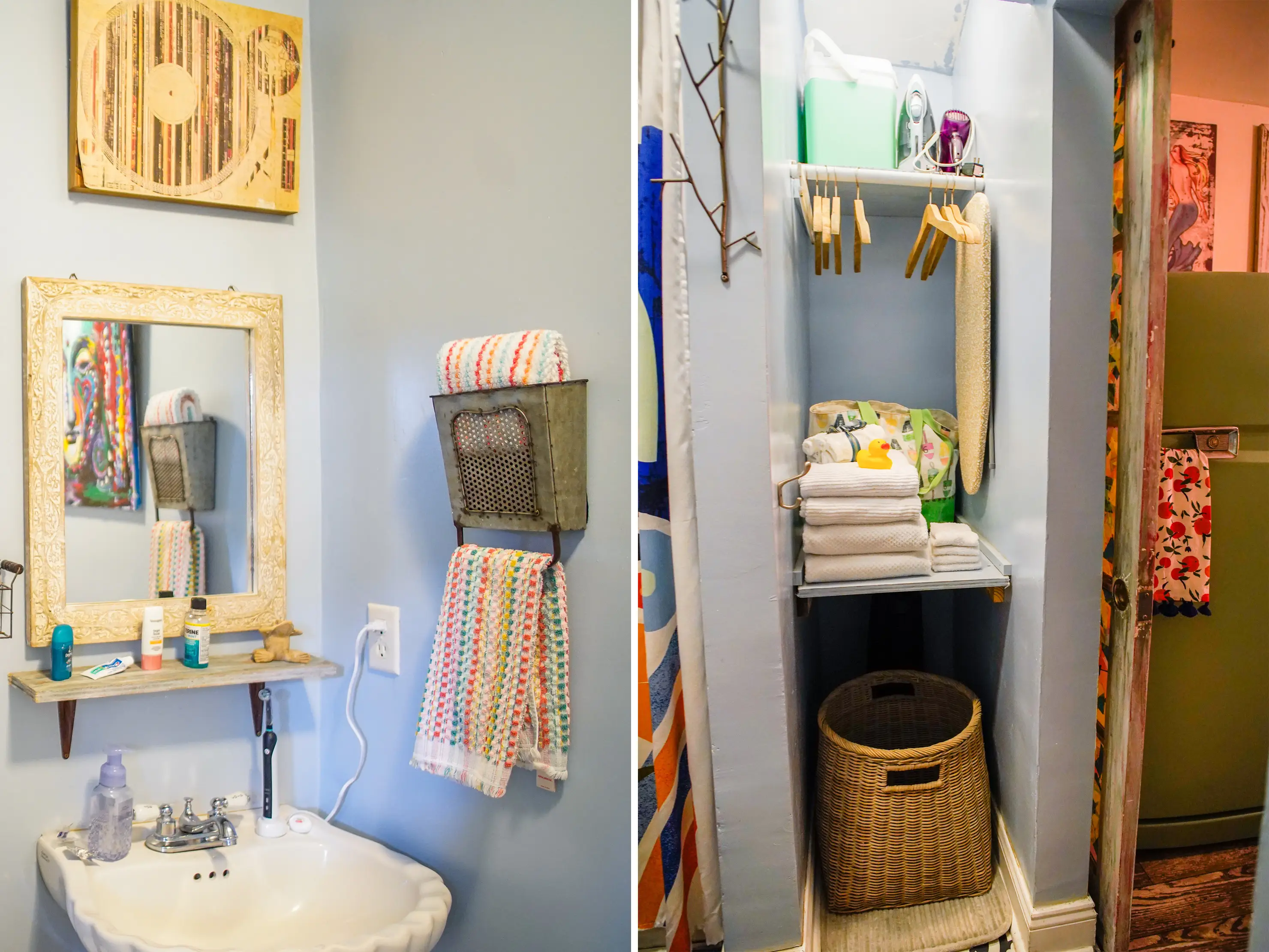 A composite image of a bathroom sink and closet