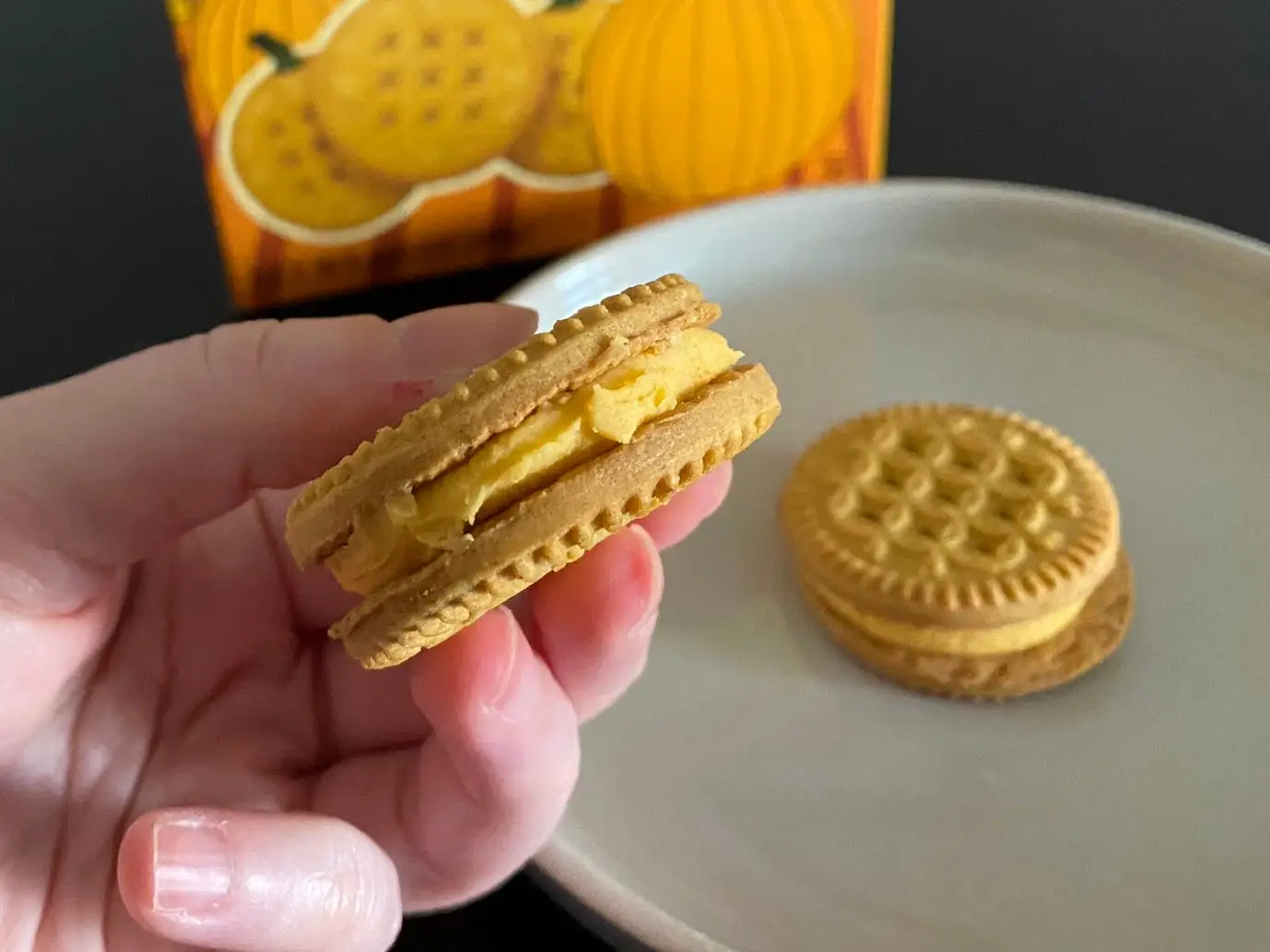 Pumpkin sandwich cookie in author's hand in front of box