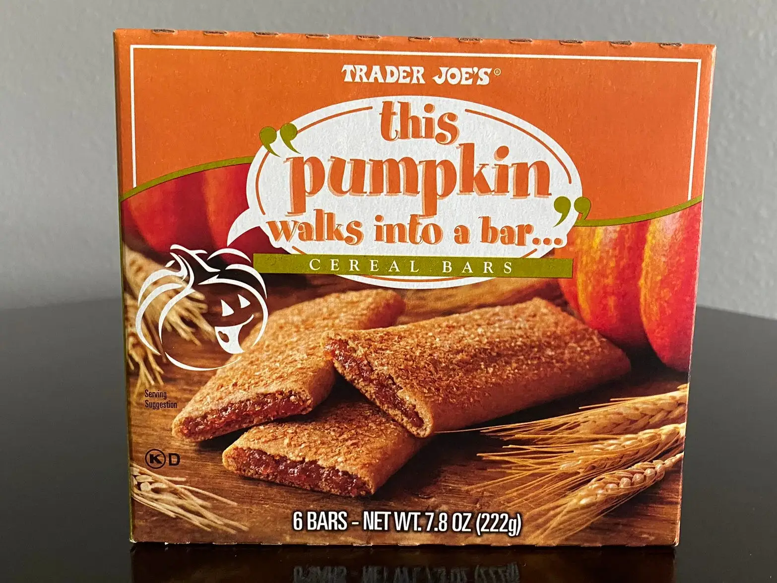 Trader Joe's this pumpkin walks into a bar box on black table