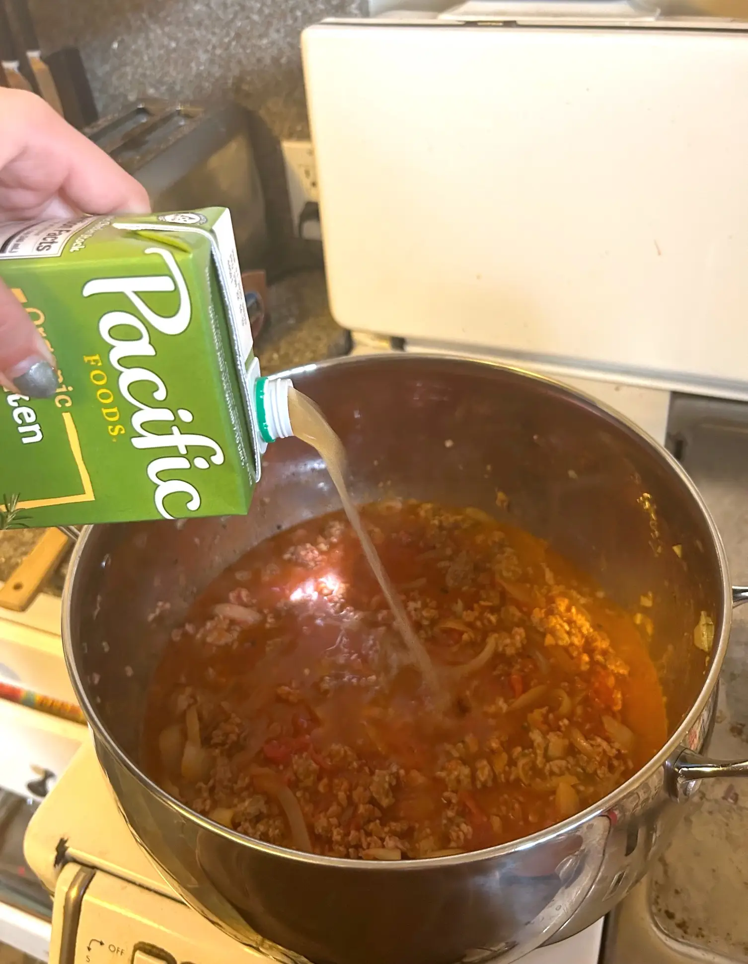 Adding stock to Pioneer Woman's Lasagna Soup