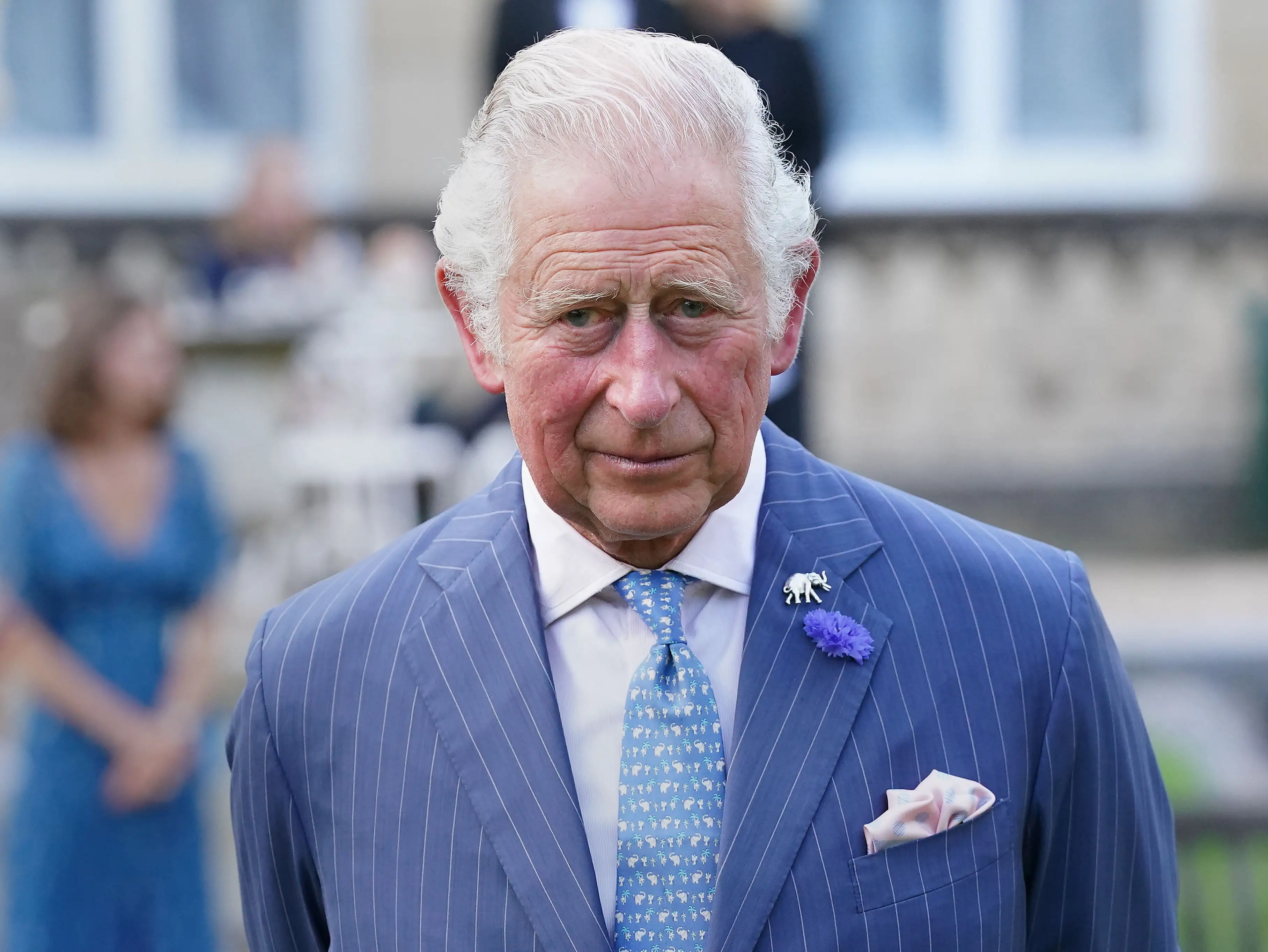 King Charles III standing outside, wearing a blue suit and tie.