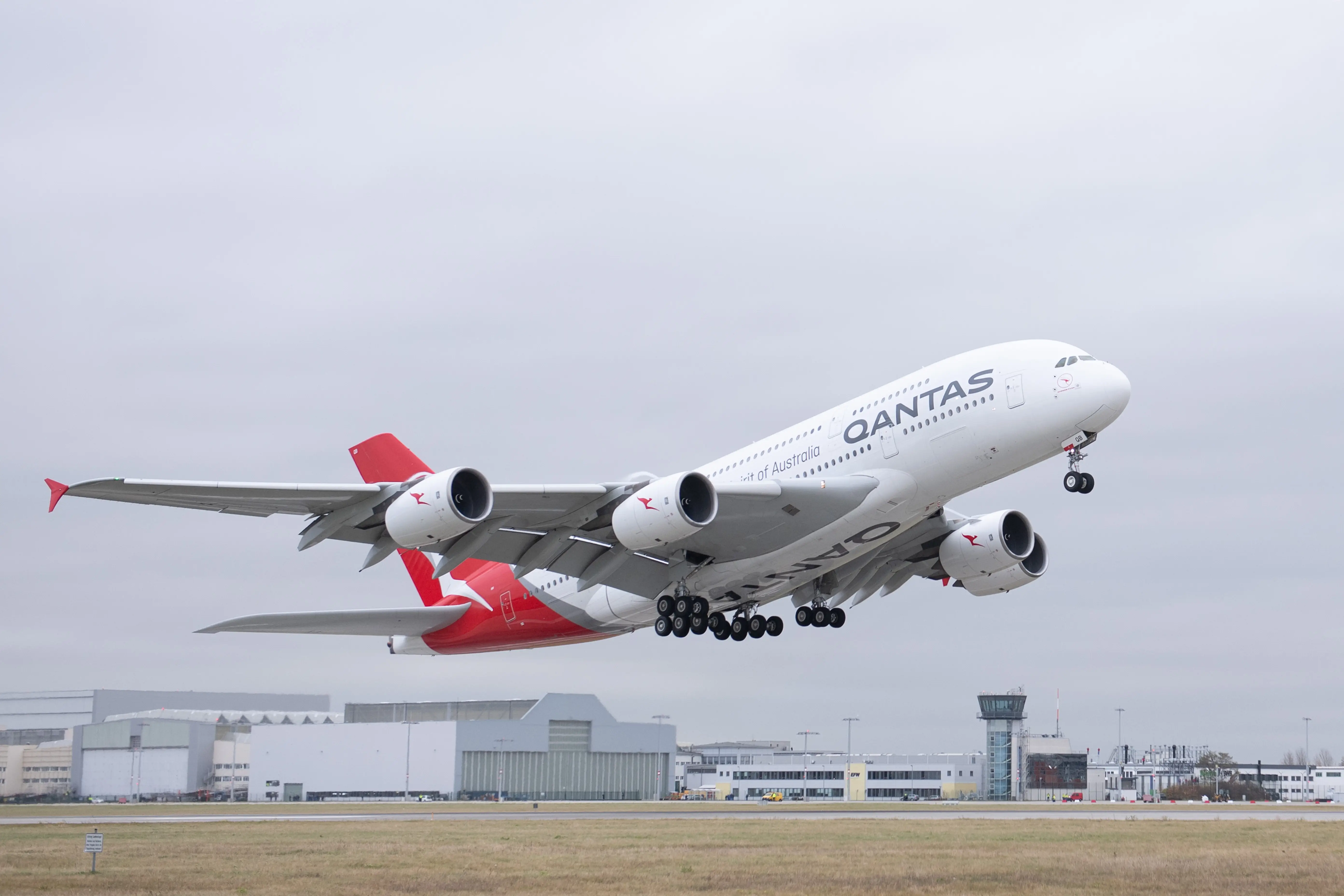 A Qantas Airways Airbus A380 takes off from Dresden Airport.