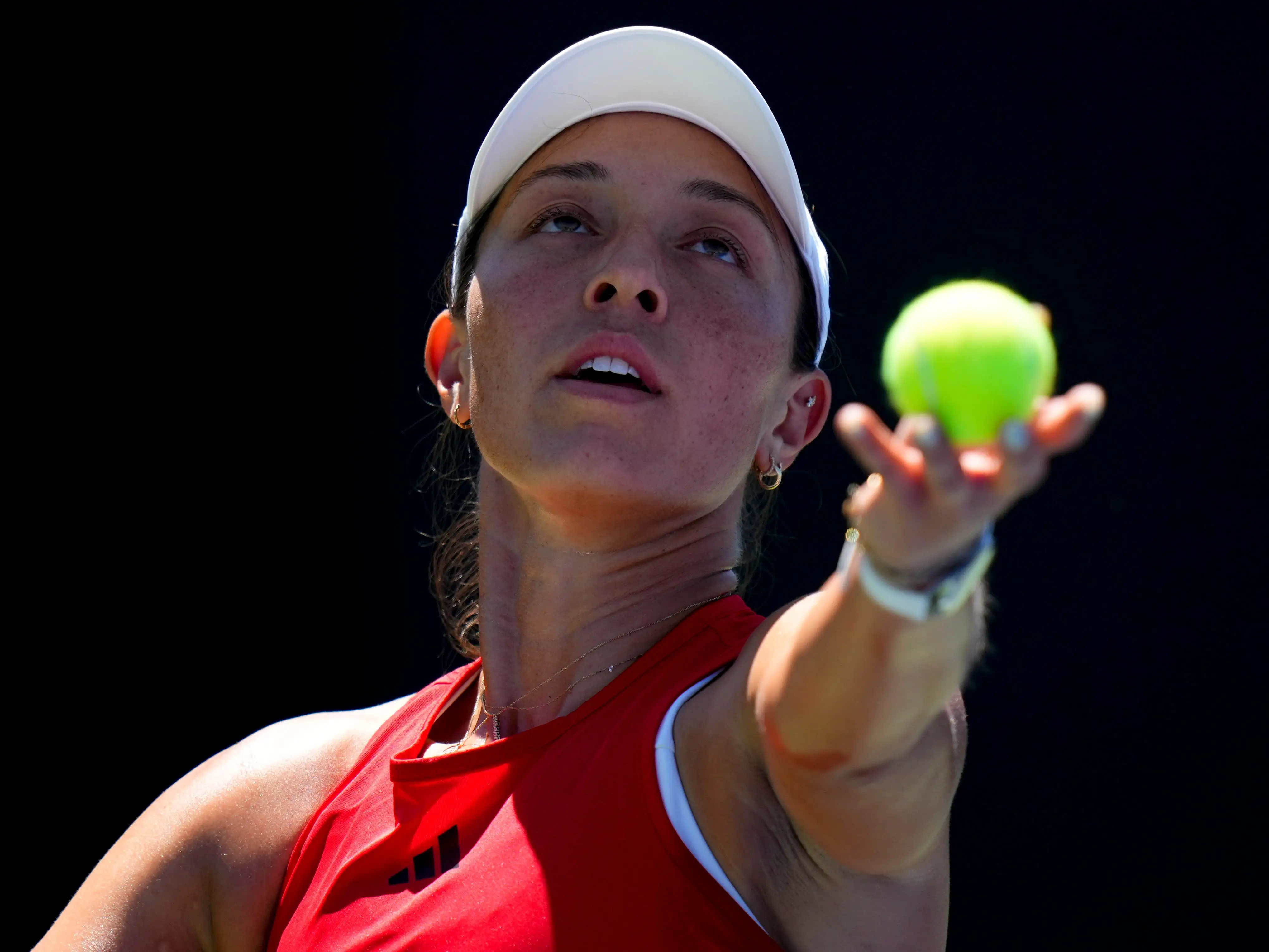 Jessica Pegula throwing a serve during the Billie Jean King Cup Qualifier.