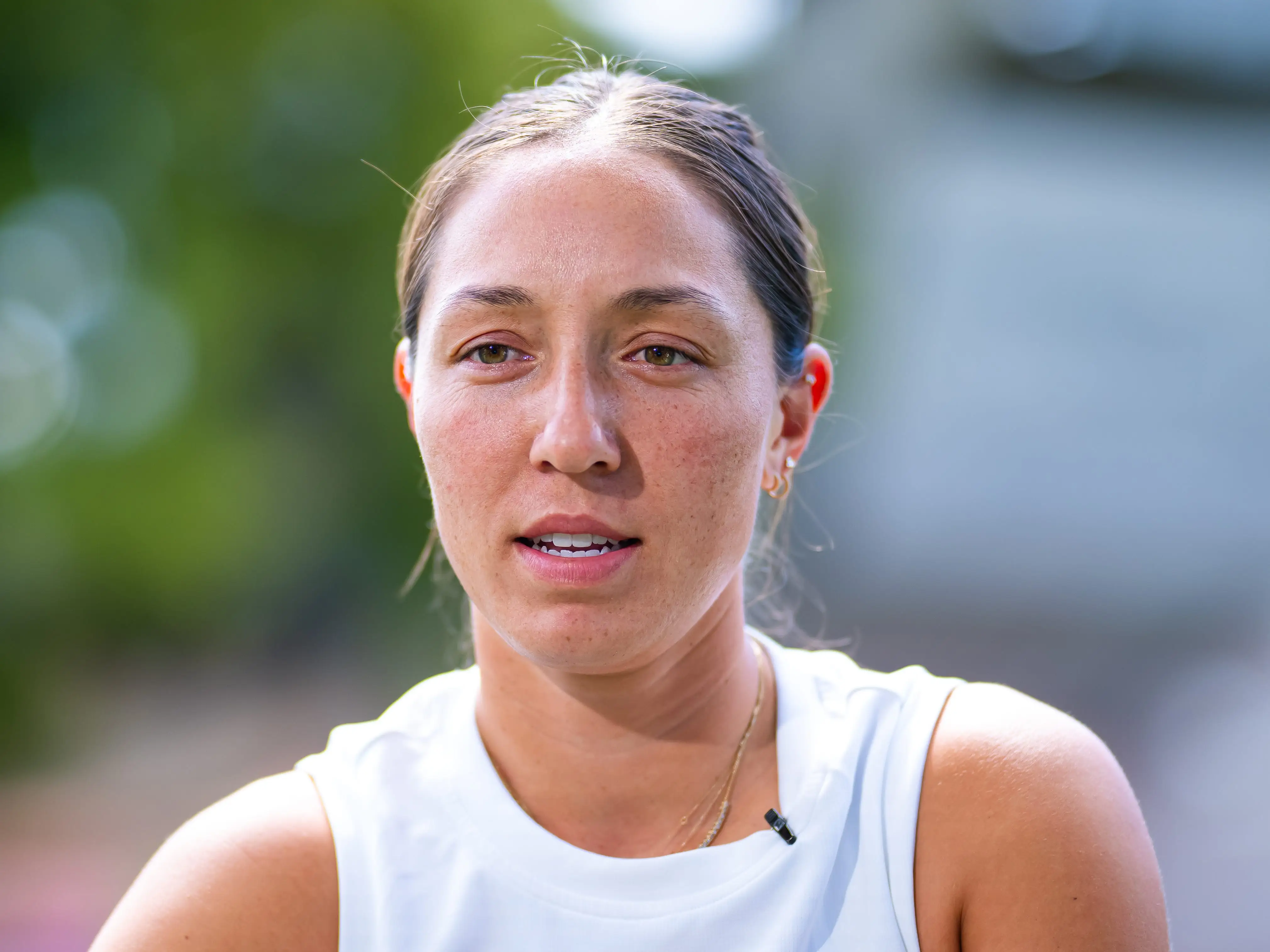 Close-up shot of Jessica Pegula during media for the Ecotrans Ladies Open Berlin 2024.