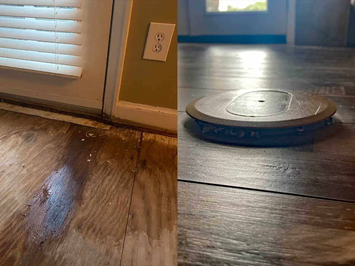A composite image of water marks and wet spots on subflooring and of a raised outlet sticking out of hardwood flooring.