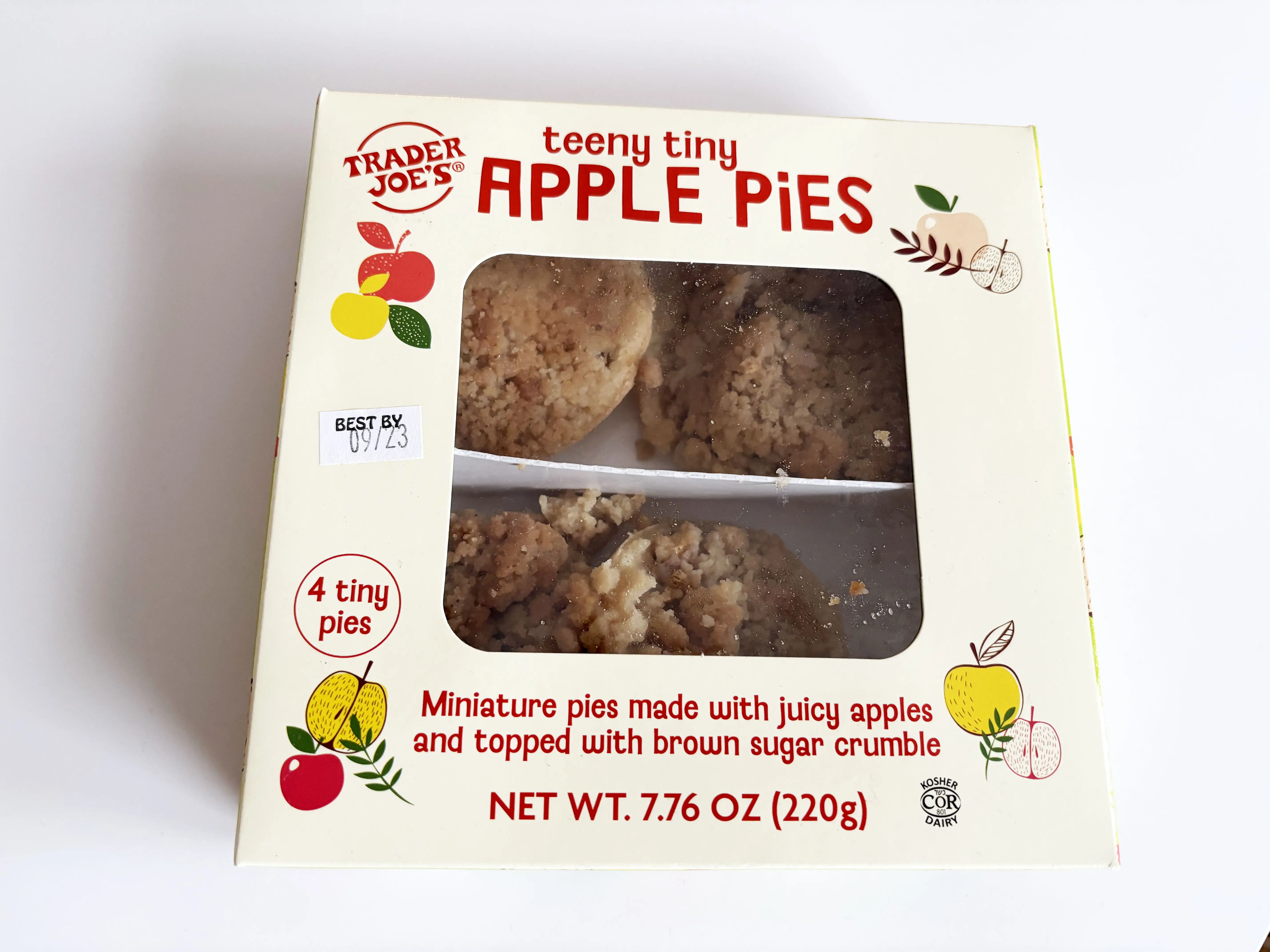 A box of four Teeny Tiny apple pies from Trader Joe's.