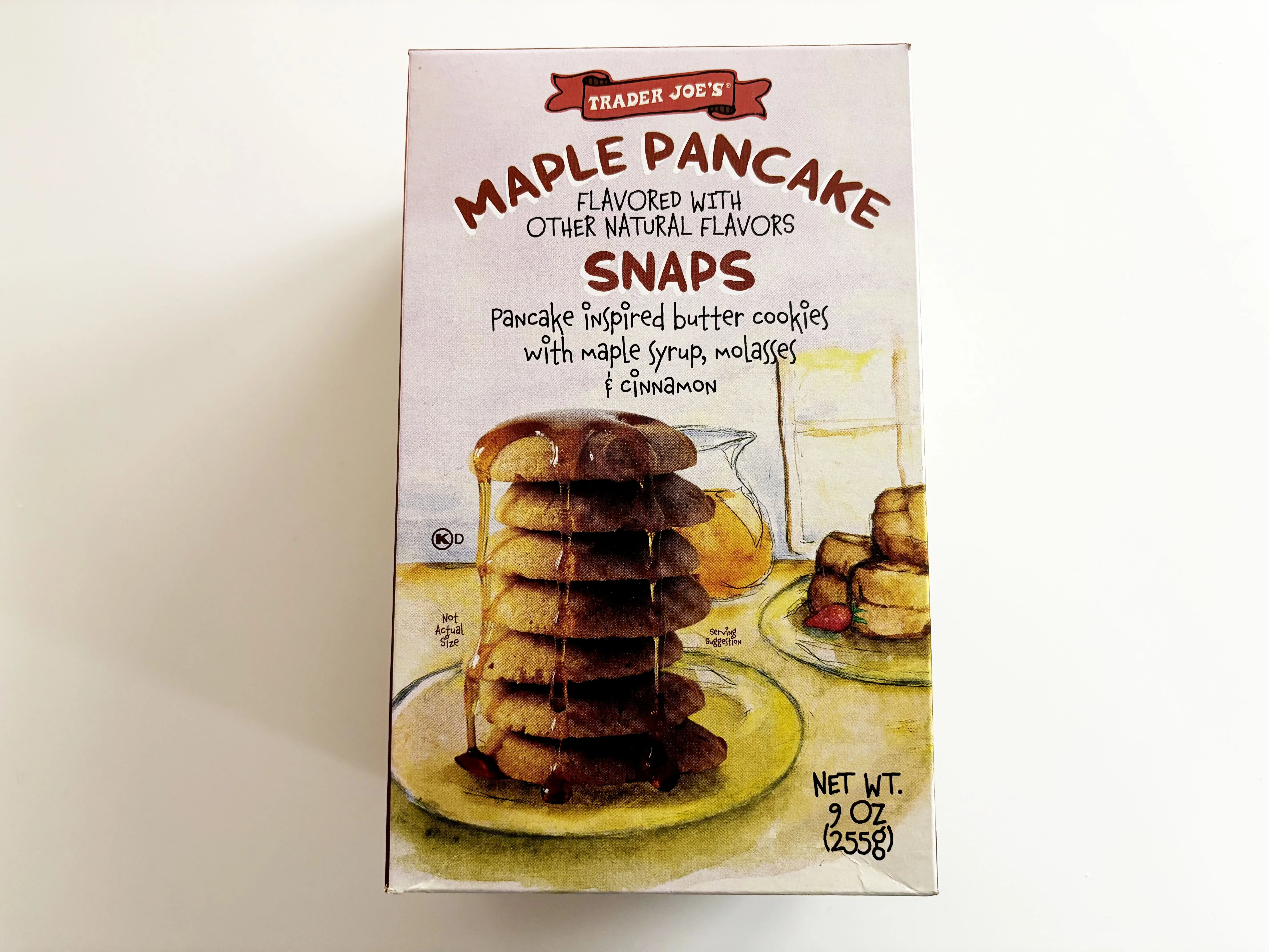 A box of Trader Joe's maple pancake snaps.