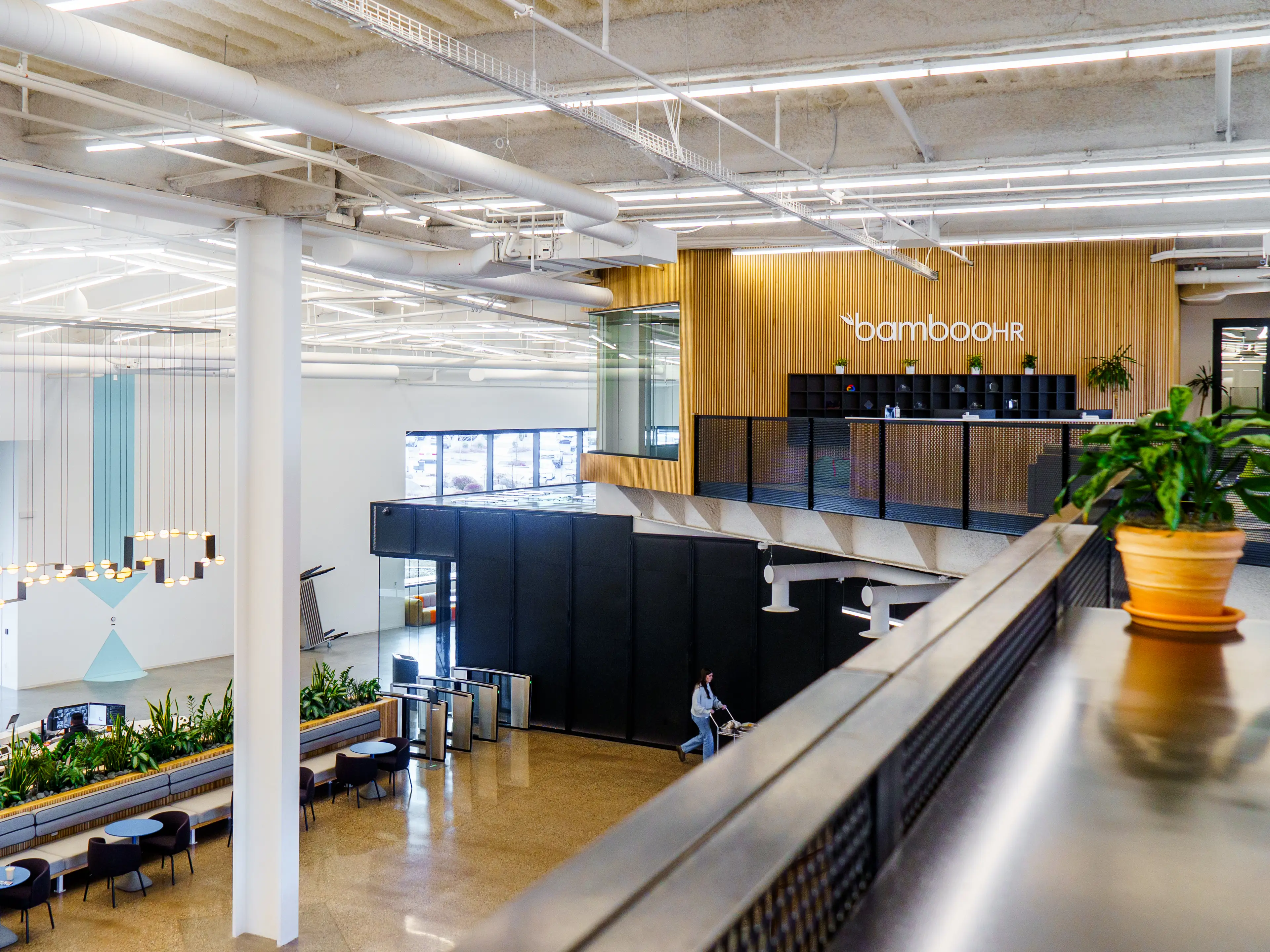 An HR company desk on a mezzanine inside an office building