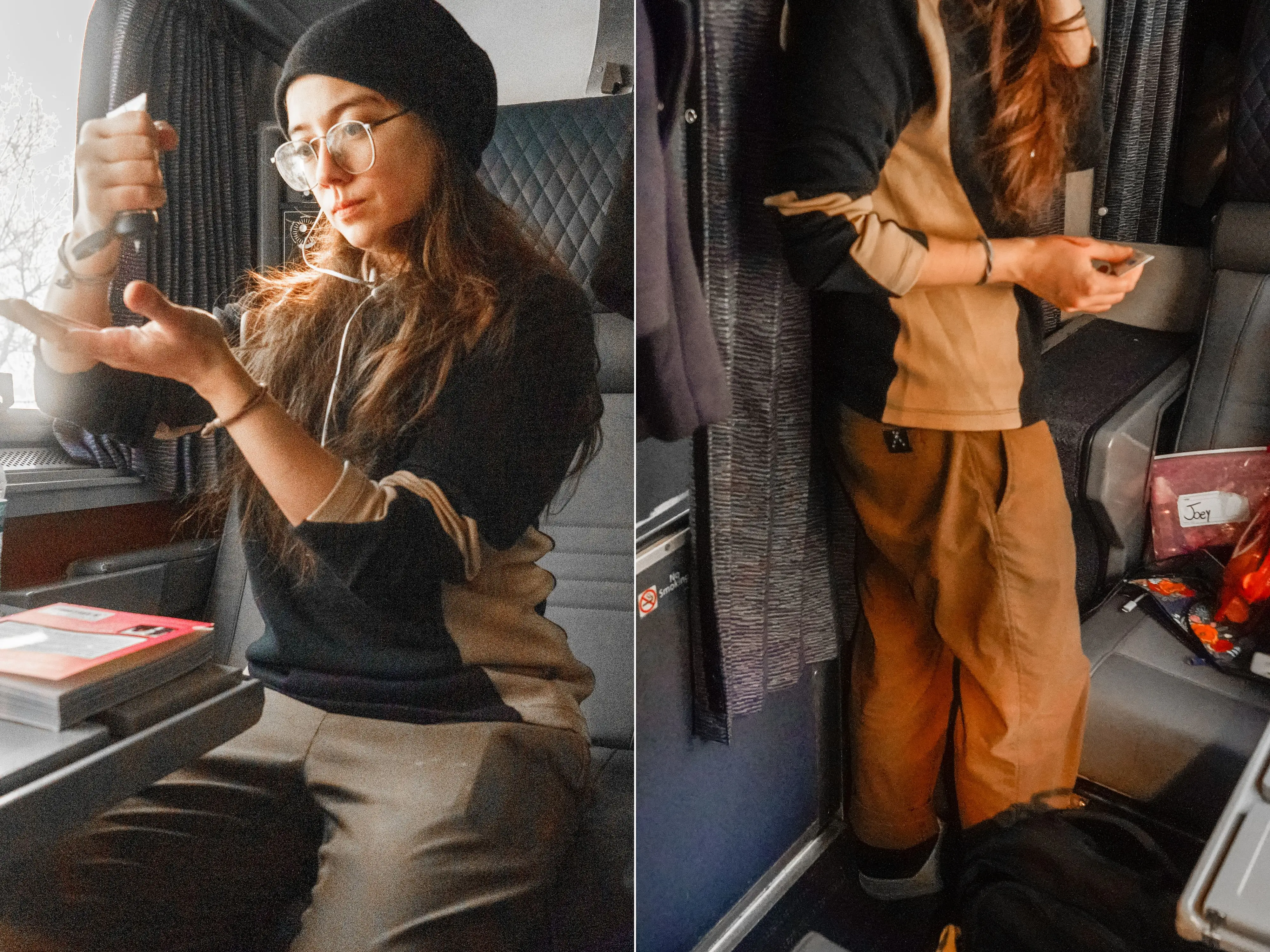 A composite image of the author in a train cabin sitting and squeezing face lotion out of a tub and a cropped image of her standing and applying the lotion