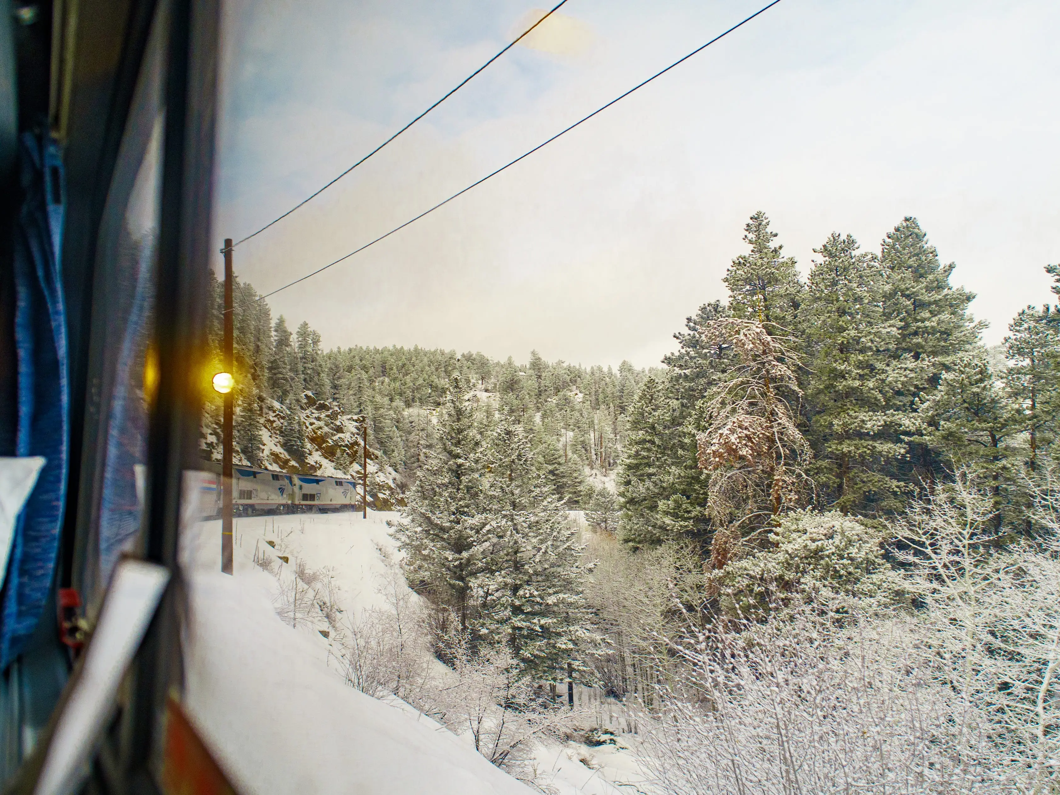 A snowy forest surrounding railroad tracks seen from a train window