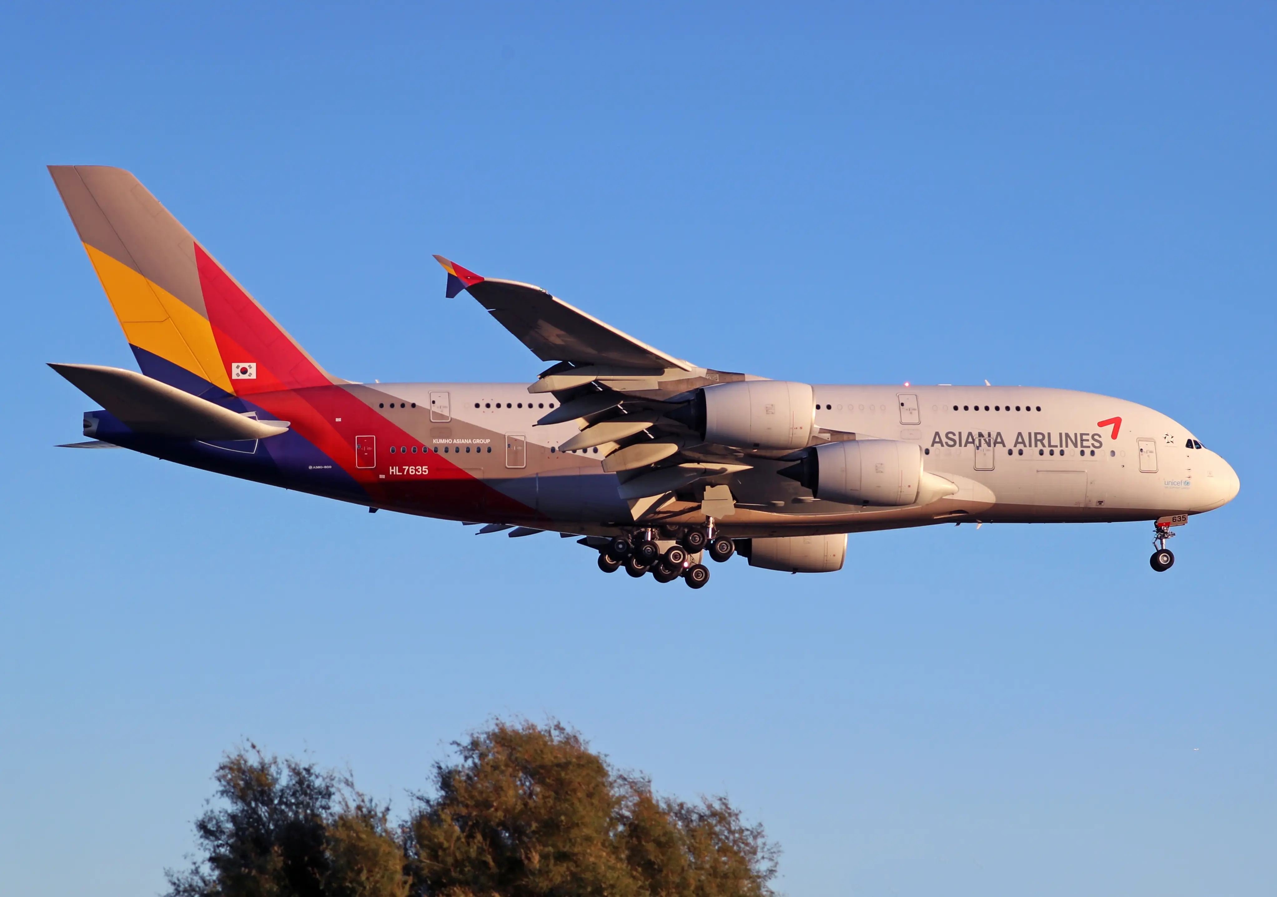 An Asiana Airlines Airbus A380 landing in Barcelona, Spain, in September 2024.