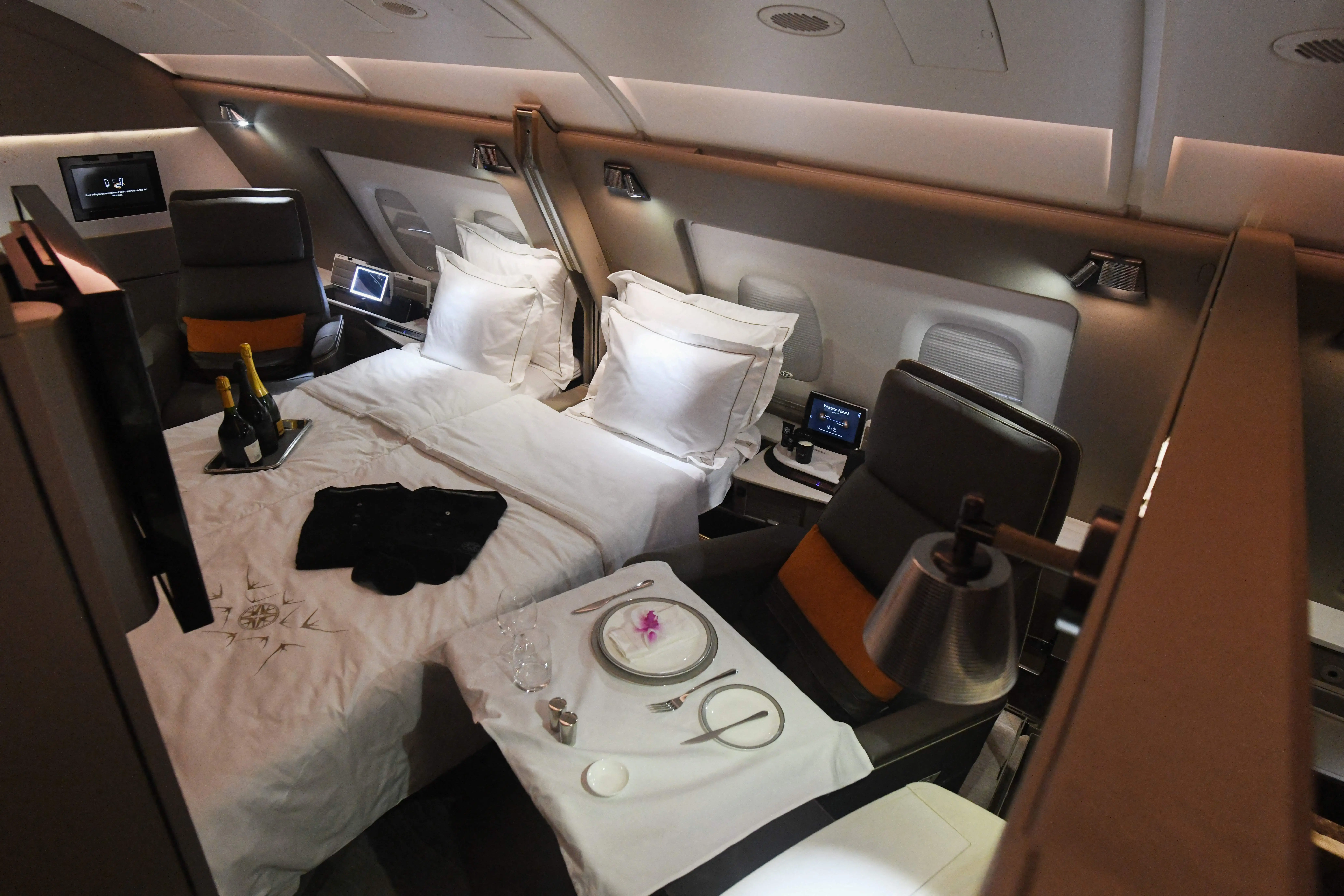 A view of the first class seating area during a media tour onboard a Singapore Airlines Airbus A380 at Singapore Changi Airport in Singapore on October 24, 2020.