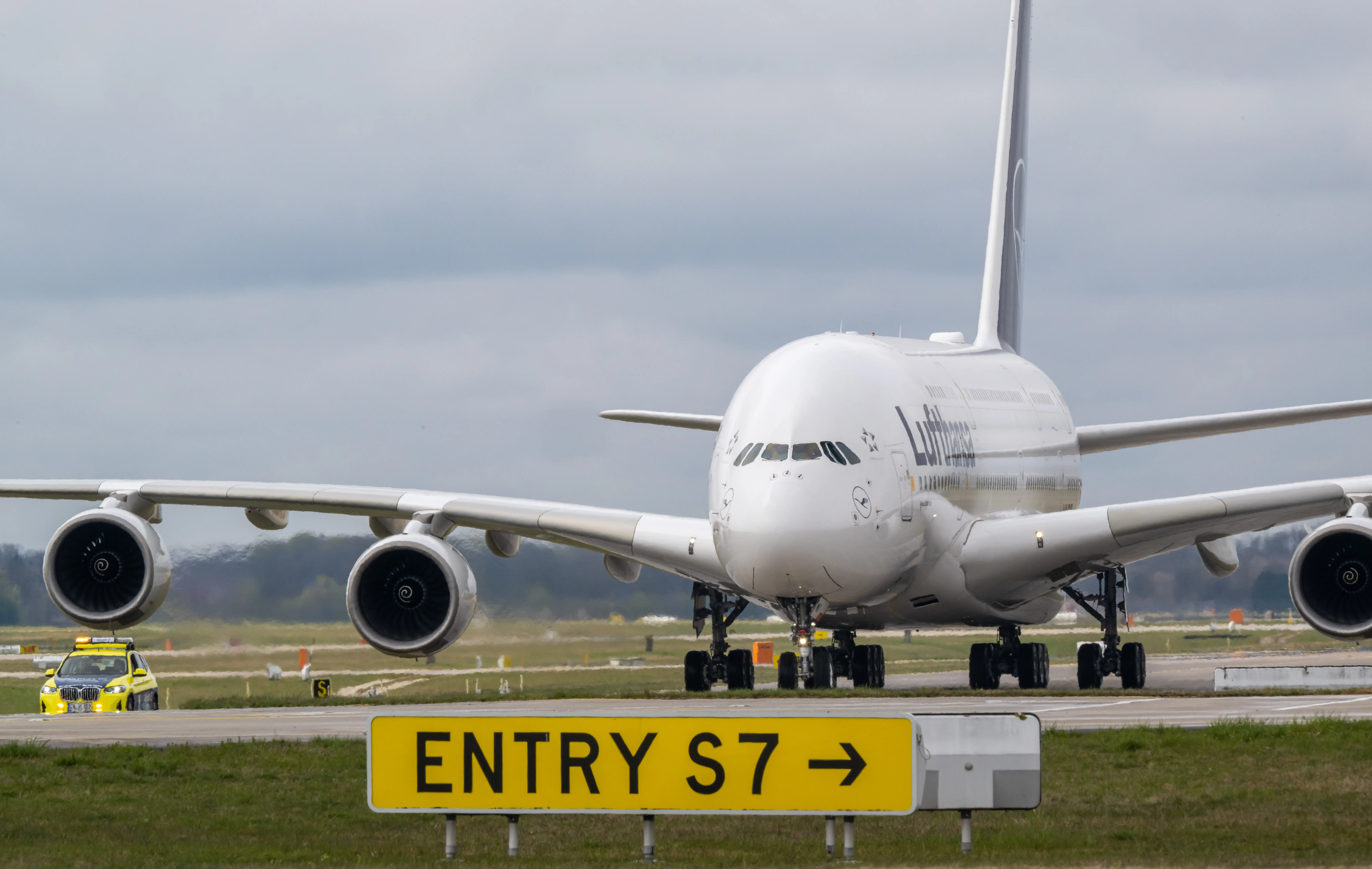 A Lufthansa Airbus A380 aircraft taxis to the hangar after landing at the airport in Munich