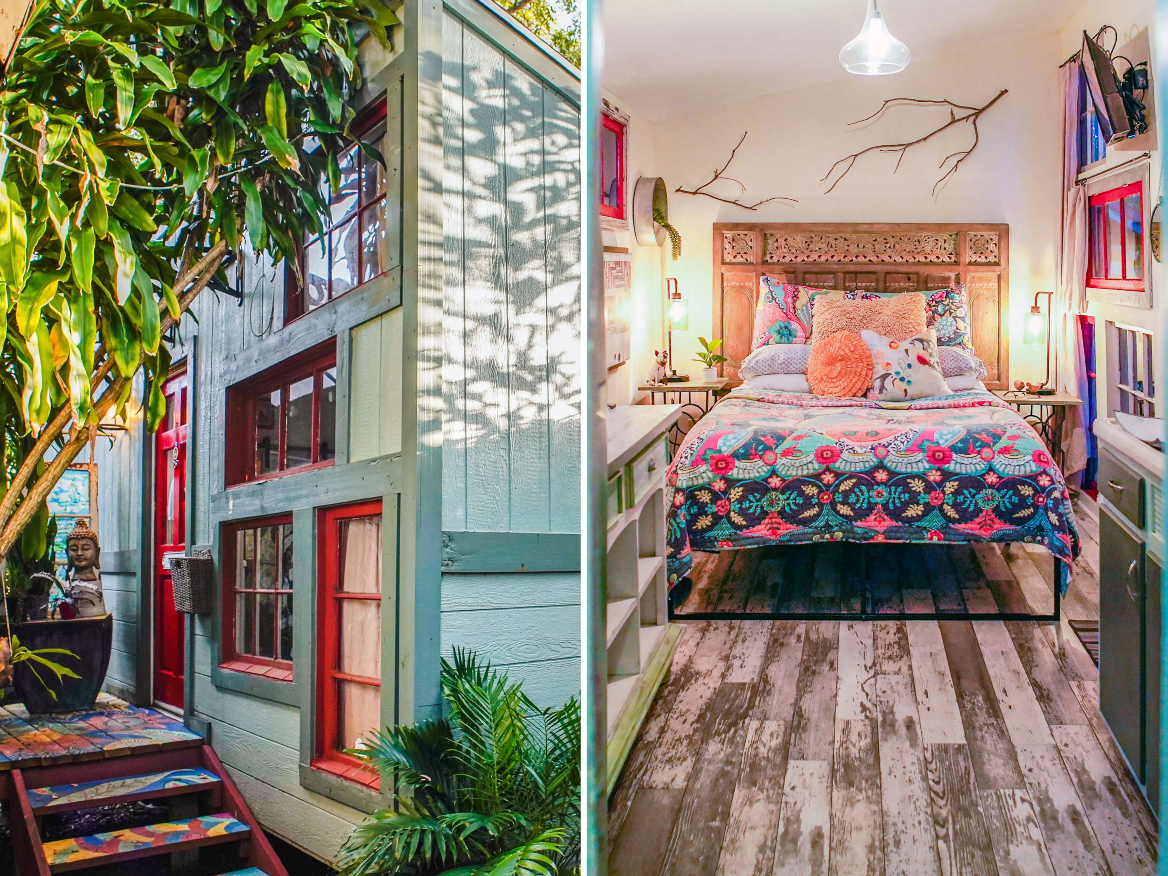 A composite image of the exterior of the tiny home and the bedroom inside