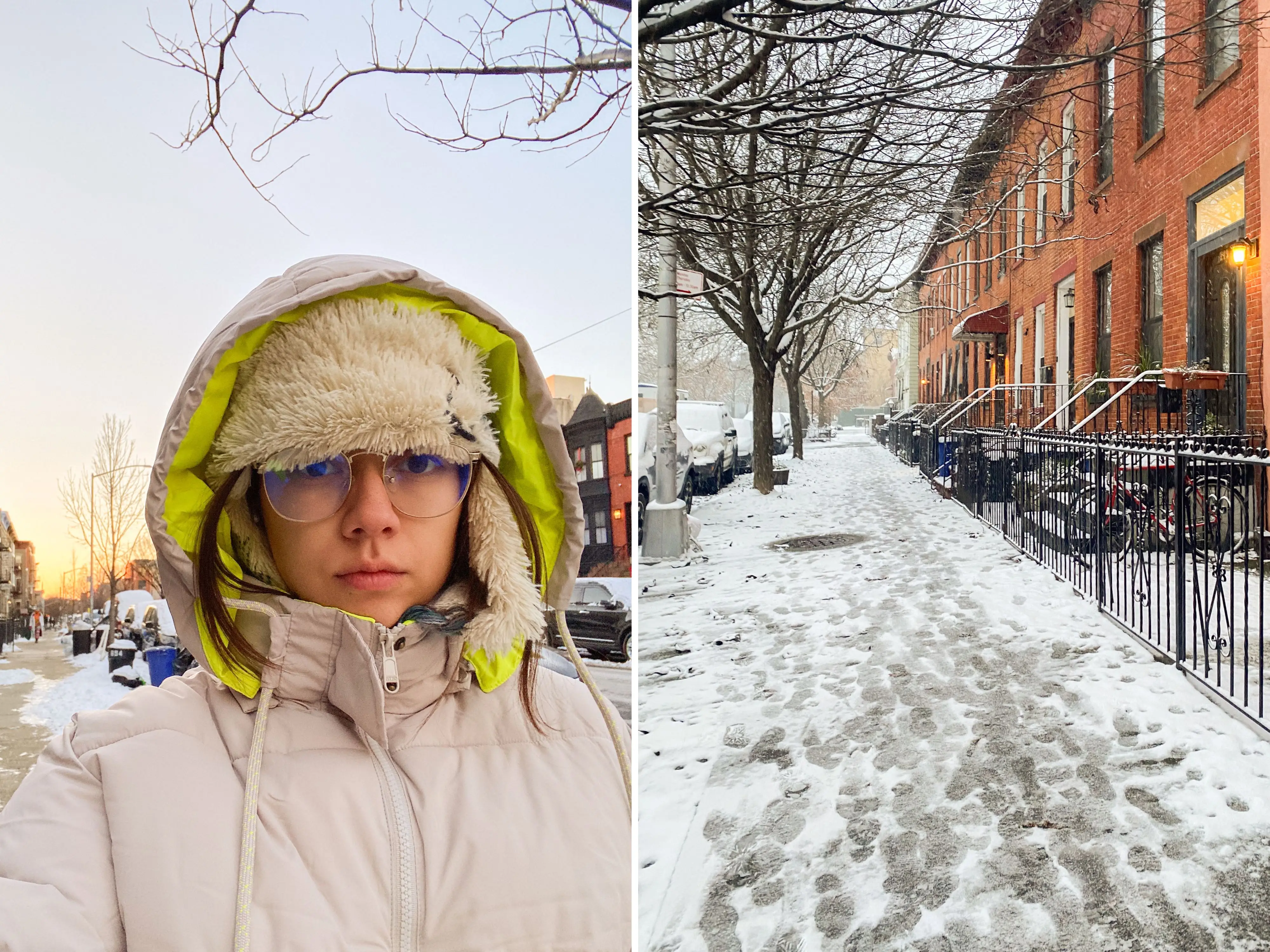 A composite image of the author bundled up outside and a street lined with rowhouses in the snow