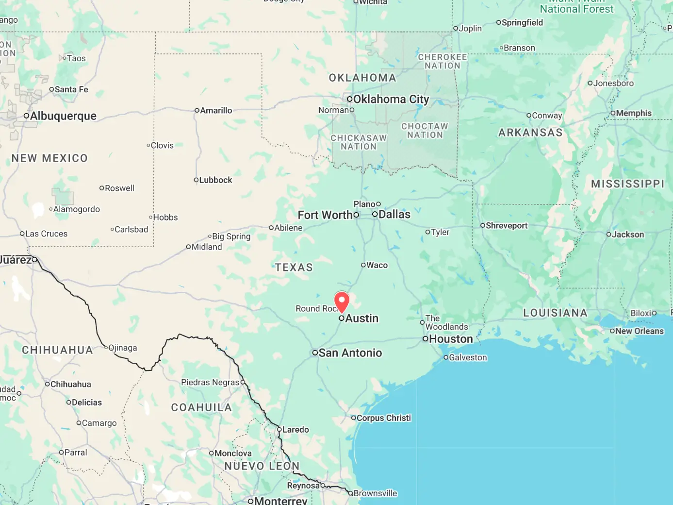 A map of Texas with a dot on Austin